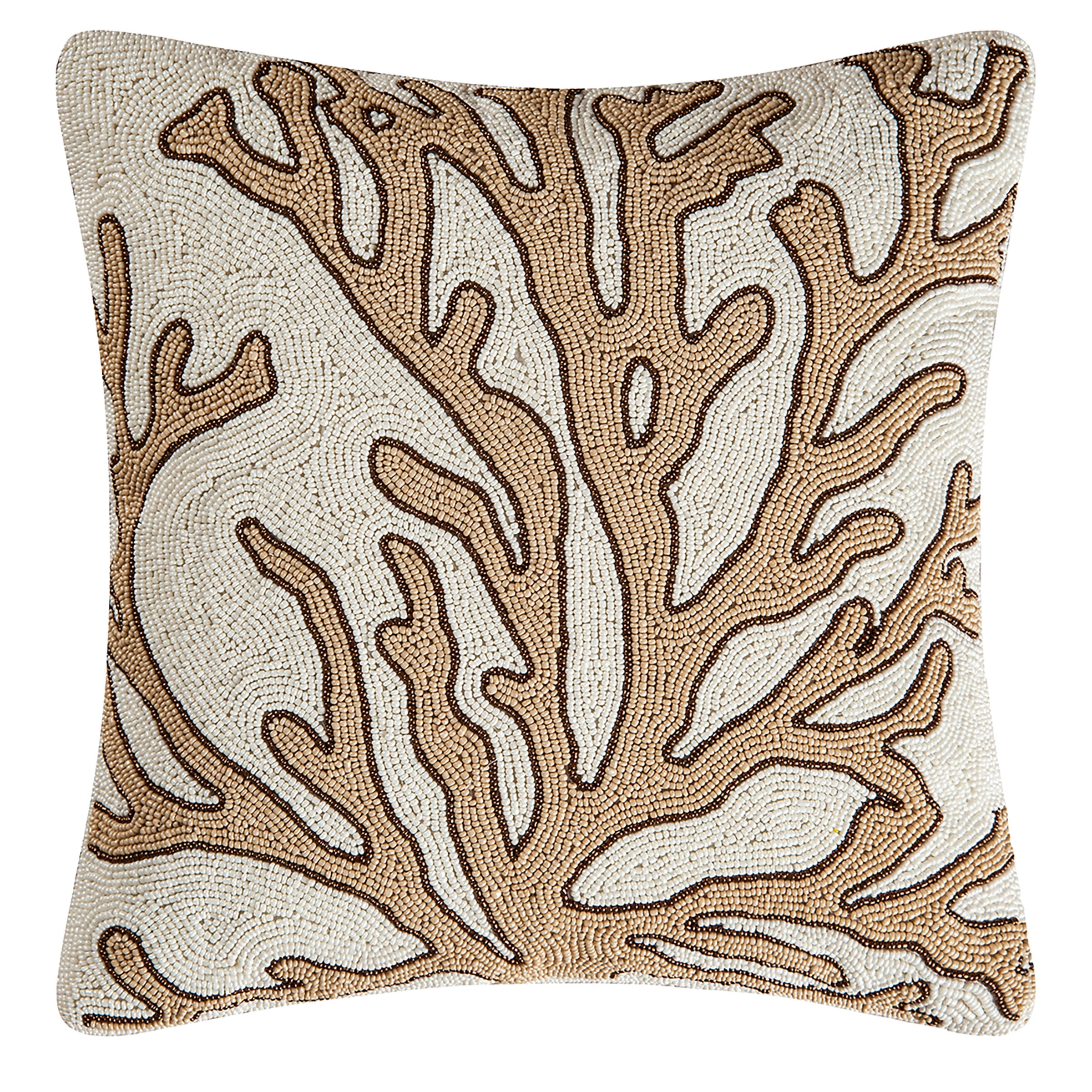 Natural Coral Hand Beaded Beige and Brown Throw Pillow 16" x 16"