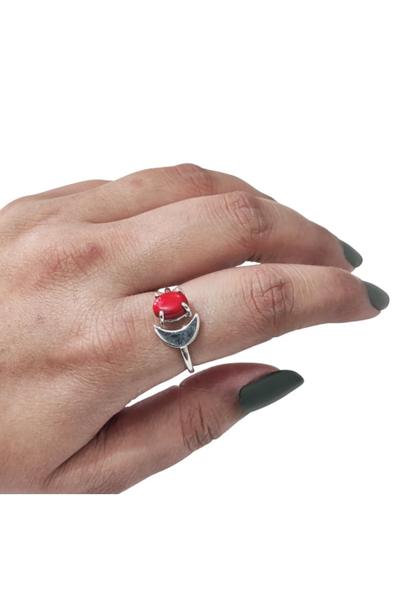 Natural Coral Ring, Red Coral Gemstone Ring, Genuine Birthstone, Crescent Moon Adjustable Ring, Toe Ring, 925 Sterling Silver, Womens Ring, Christmas, Thanksgiving, Handmade Statement Jewelry