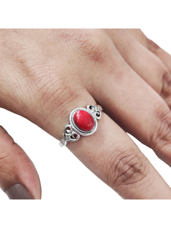 Natural Coral Ring, Red Coral Gemstone Ring, Tiny Bohemian Ring, 925 Sterling Silver, Designer Womens Ring, Christmas Thanksgiving, Handmade Statement Jewelry, Natural Coral