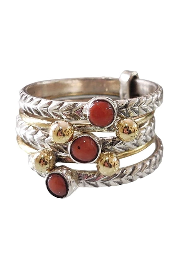 Natural Coral Spinner Ring, Beaded Meditation Ring, 925 Sterling Silver Ring, 5 Spinning Ring, Two Tone Ring, Fidget Ring, Handmade Jewelry, Christmas, Womans Band Ring, Anxiety Ring, Gifts