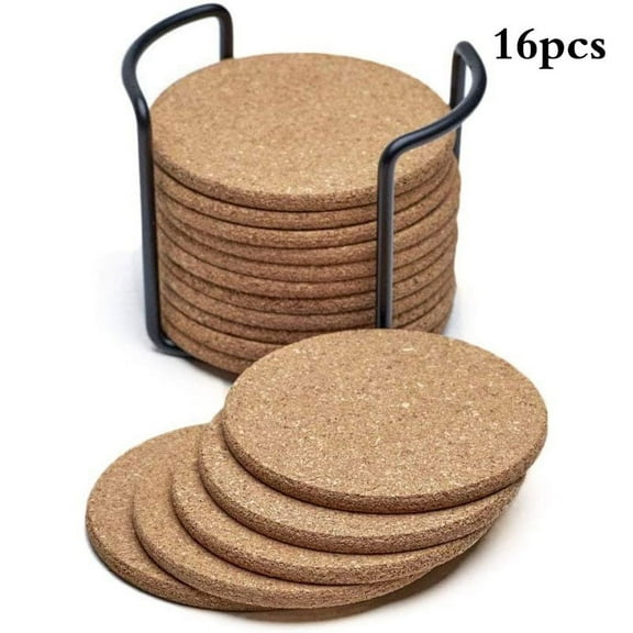 Natural Cork Coaster With Round 16-Piece Set With Metal Holder Storage Box
