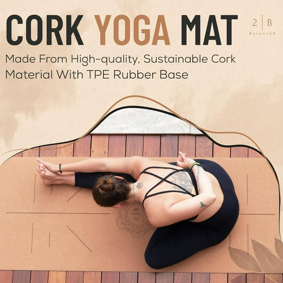 Natural Cork Yoga Mat – Lightweight & Non-Slip Yoga Mat – Non-Toxic Cork Yoga Mat, Sustainable – 5mm Thick for Superior Grip & Comfort – Yoga Mat With Strap and Alignment Lines for Guidance – Ideal f