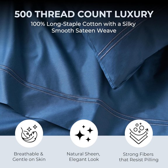Natural Cotton Bed Sheets | 500 TC Single-Ply Sateen Weave King Size Sheets Set | Breathable & Hypoallergenic Solid 4-Piece Bedding with Deep Pocket Fitted, Flat, Pillowcase|Navy Blue