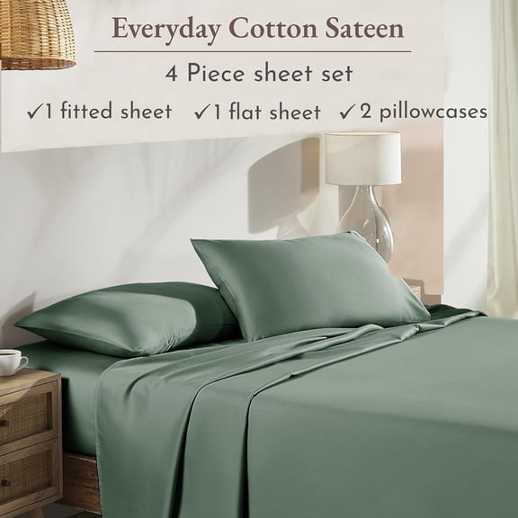 Natural  Cotton Bed Sheets King Size Set with Deep Pockets - Soft Sateen King Sheet Set, Breathable and  Bedding (Sage Green - Dark)