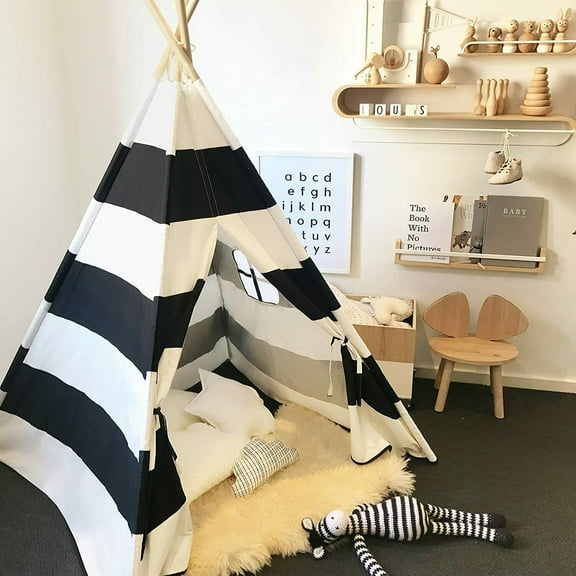 Natural Cotton Canvas Teepee Play Tent for Girls/Boys Indoor & Outdoor Playing (Black Stripe Color)