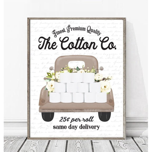 Natural Cotton Co Floral Truck Bathroom Wall Art, Tan Gold 25 Cents Per Roll Delivery Bath Room Decor Unframed Paper Print