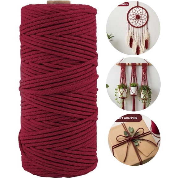 Natural Cotton Macrame Rope - 3mm x 109 Yards (328Feet), 4 Strands Twisted Cotton Cord,Dark Red Craft Rope for Wall Hanging, Plant Hangers, Crafts, Gift Wrapping and Wedding Decorations