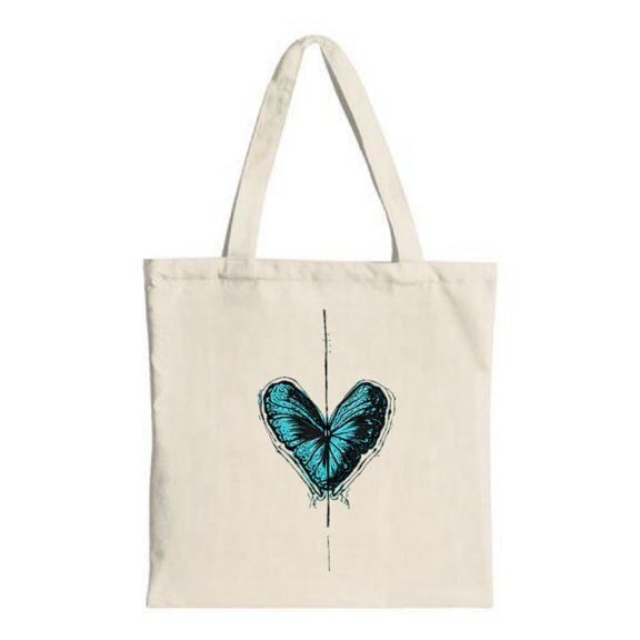 Natural Cotton Tote Bag with Intricate Blue Butterfly Design - Perfect for Shopping Travel and Parties - Sturdy Handles Reusable