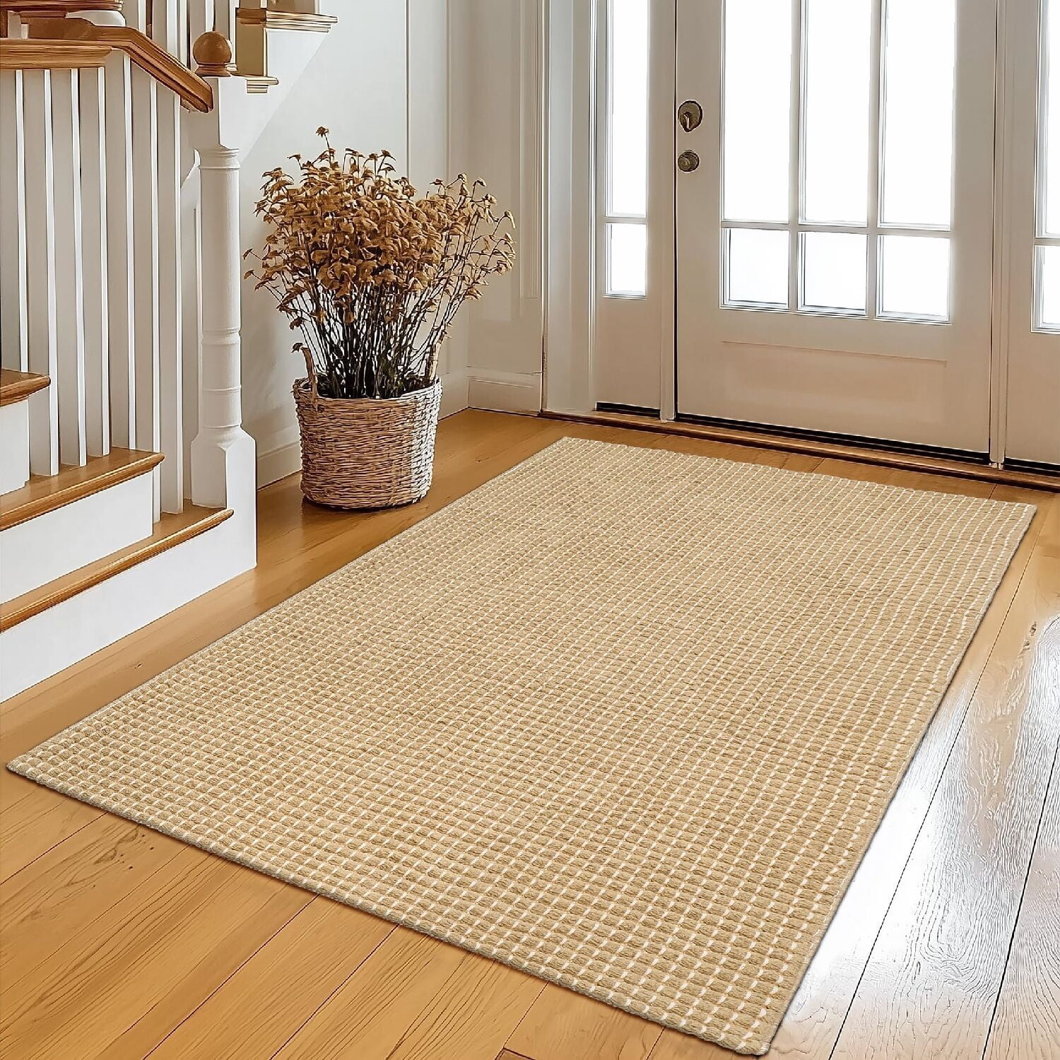 Natural Cotton Woven Area Rug for Entryway 3x5 Washable Boho Reversible Rugs Indoor Door Mat Farmhouse Kitchen Rugs Front Porch Entrance Rugs Floor Carpet for Bathroom Living Room Bedroom, Brown