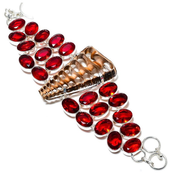 Natural Cowrie Shell, Garnet Gemstone 925 Sterling Silver Gift Bracelet 8"