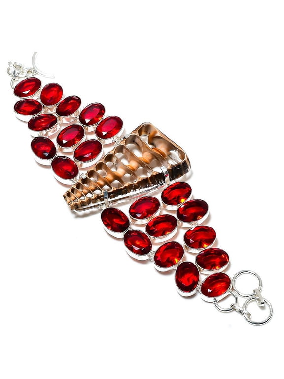 Natural Cowrie Shell, Garnet Gemstone 925 Sterling Silver Gift Bracelet 8"