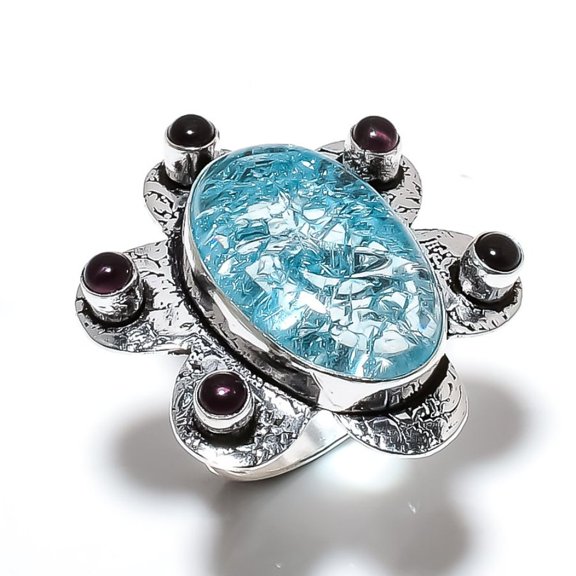 Natural Crack Crystal, Amethyst Gemstone 925 Sterling Silver Ring Size 8