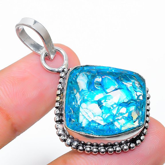 Natural Crack Crystal Gemstone 925 Sterling Silver Gift Pendant 1.69"