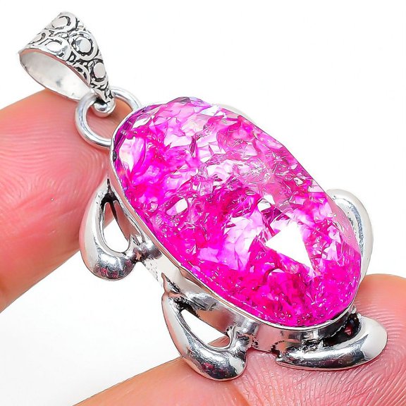 Natural Crack Crystal Gemstone 925 Sterling Silver Gift Pendant 1.89"