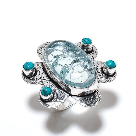 Natural Crack Crystal, Turquoise Gemstone 925 Sterling Silver Ring Size 9