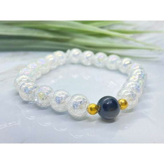 Natural Crackle Quartz With Shungite 8mm round Shape Smooth Cut Beads Stretchable Bracelet for Men & Women.