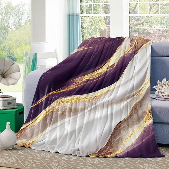 Natural Cracks Stone Fleece Throw Blanket For Couch Flannel Bed Blankets Purple Gold White Marble Texture Fuzzy Warm Plush Throws Super Soft Cozy Blanket For Sofa Travel 30" x 40"