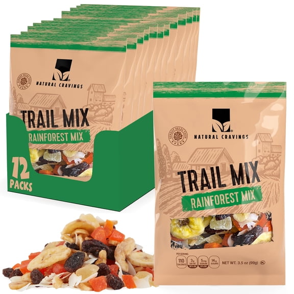 Natural Cravings Trail Mix Snack Dried Fruit Mix & Nuts Mix with Chocolate Chips, Peanuts, Cranberries, Raisins, Walnuts, Tropical Fruits (Small, Rainforest)