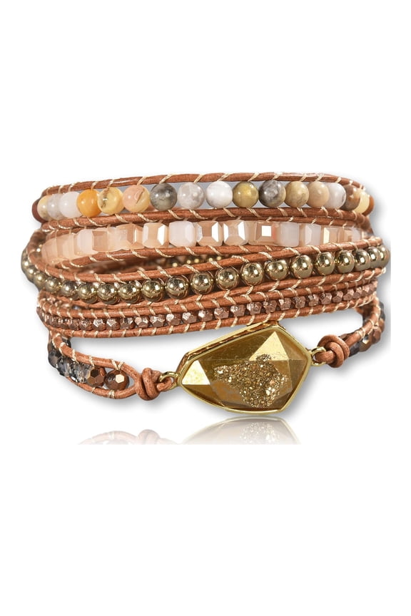 Natural Crazy Lace Agate Beaded Druzy Pendant on Genuine Leather Boho Style Leather Wrap Bracelet Super Wrap Bracelet 35" Long, up to 5 Wraps-Crazy Lace Agate Crystal on Natural Leather