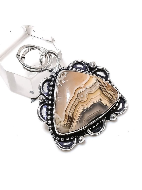 Natural Crazy Lace Agate Gemstone 925 Sterling Silver Jewelry Pendant 1.62"