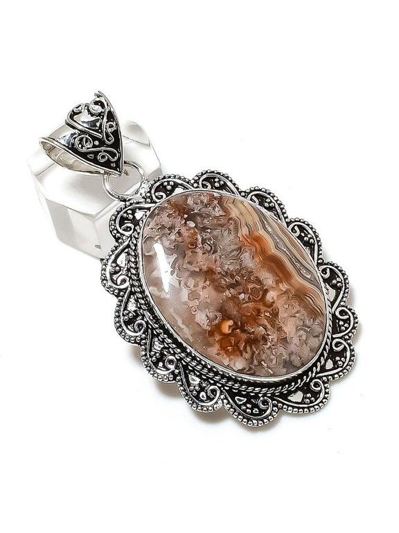 Natural Crazy Lace Agate Gemstone 925 Sterling Silver Jewelry Pendant 2.44"