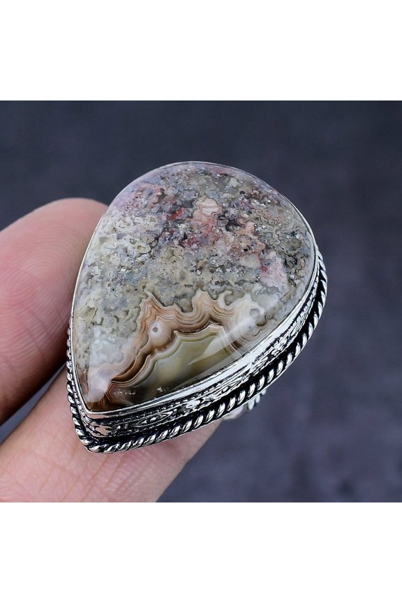 Natural Crazy Lace Agate Gemstone Handmade 925 Steling Silver Ring Size 9