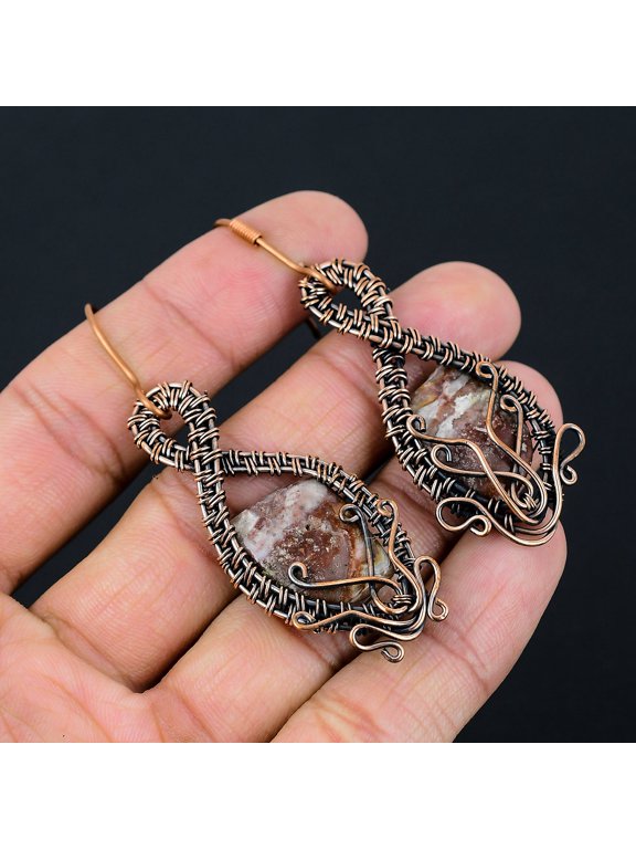 Natural Crazy Lace Agate Gemstone Handmade Copper Wire Wrap Earring 2.76