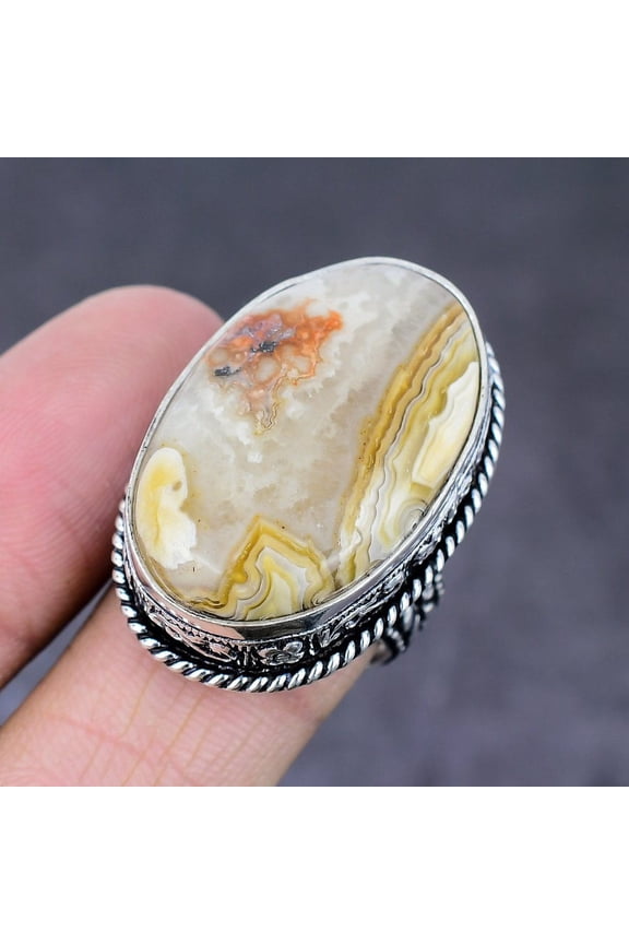Natural Crazy Lace Agate Handmade 925 Sterling Silver Ring Size 8.5