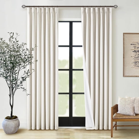 Natural Cream Pinch Pleated 100% Blackout Curtains 95 Inches Long Linen Room Darkening Window Curtains for Living Dining Room Bedroom Memory Shape Thermal Insulated Pinch Pleat Double Layer Drapes