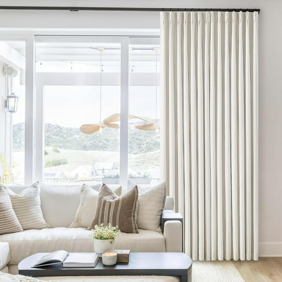Natural Cream Pinch Pleated 100% Blackout Curtains 95 Inches Long Linen Room Darkening Window Curtains for Living Dining Room Bedroom Memory Shape
