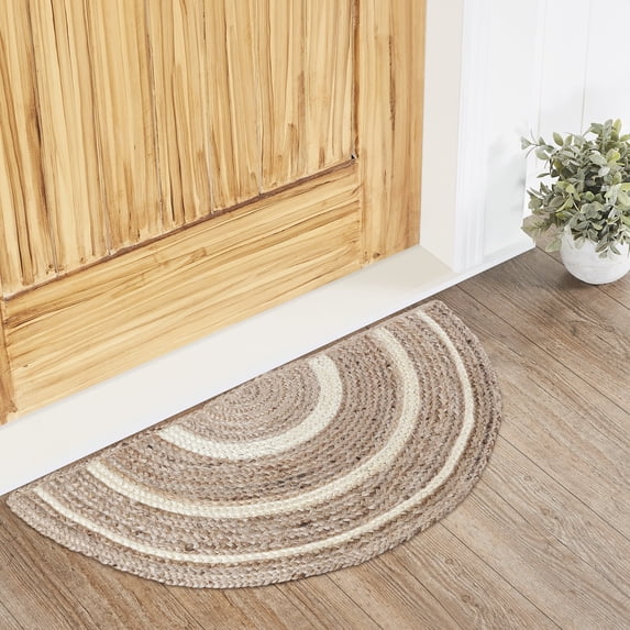 VHC Brands Jute Rug Half Circle with Pad, Natural and Crème, 16.5x33