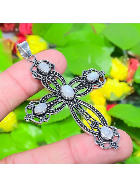 Natural Cross- Rainbow Moonstone Gemstone 925 Sterling Silver Pendant 2.68"
