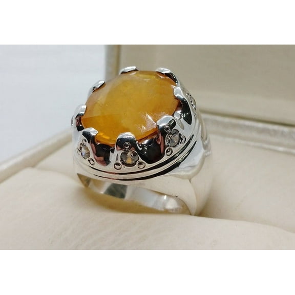 Natural Crown Shape Yellow Sapphire Mens Sterling Silver 925 Handmade Unheated Untreated Sapphire Ring Real Pukhraj Ring, Gift for Him