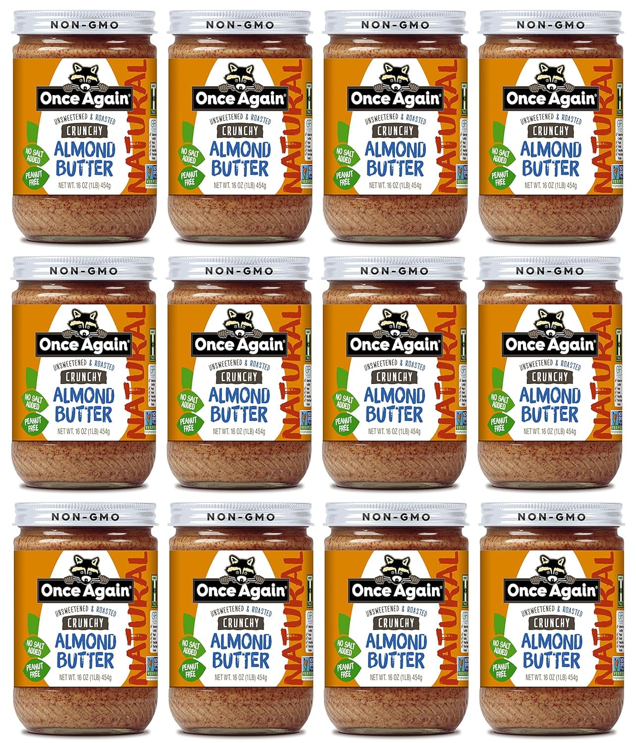 Natural Crunchy Almond Butter, 16oz - Roasted - Salt , Unsweetened - Gluten Certified, , Vegan, Kosher, Paleo - Glass Jar - Case of 12