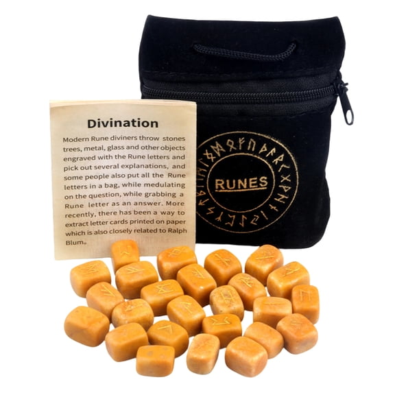 Natural Crystal Agate Rune Stones Set Engraved Elder Futhark Runes Symbols 25Pcs Healing Gemstones with Velvet Bag for Divination Meditation Witchcraft Wiccan Altar Supplies