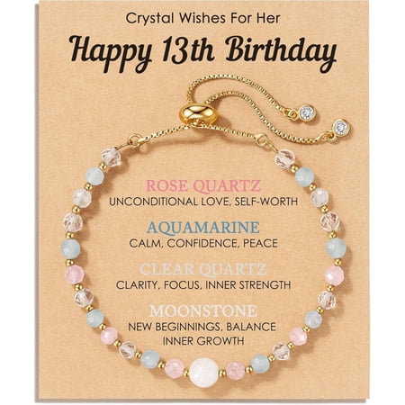 Natural Crystal Bracelet 13th 16th Birthday Gifts for Girls - Rose Quartz Moonstone Aquamarine Healing Stones Jewelry with Meaning Card for Daughter Granddaughter