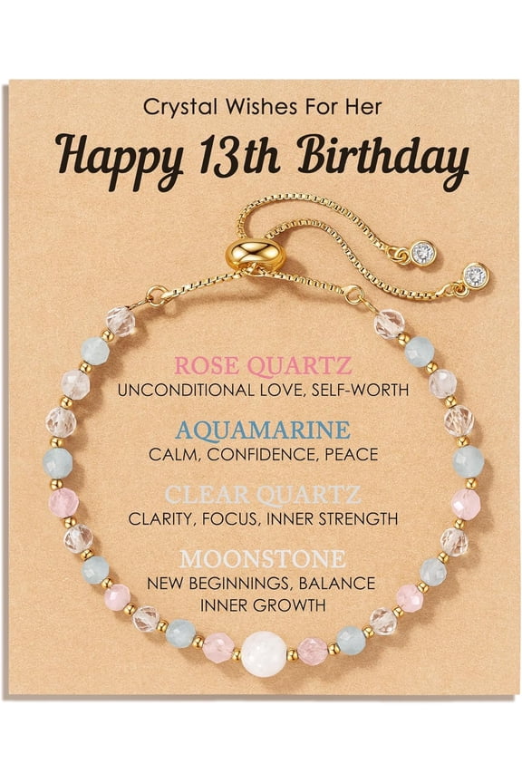 Natural Crystal Bracelet 13th 16th Birthday Gifts for Girls - Rose Quartz Moonstone Aquamarine Healing Stones Jewelry with Meaning Card for Daughter Granddaughter