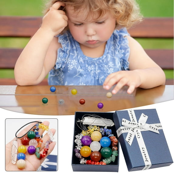 Natural Crystal Chakra Set with Hexagon Pendant in Gift Box, Assorted Colorful Stones for Energy, Meditation, and Home Decor, Handcrafted, Meaningful Spiritual Gift