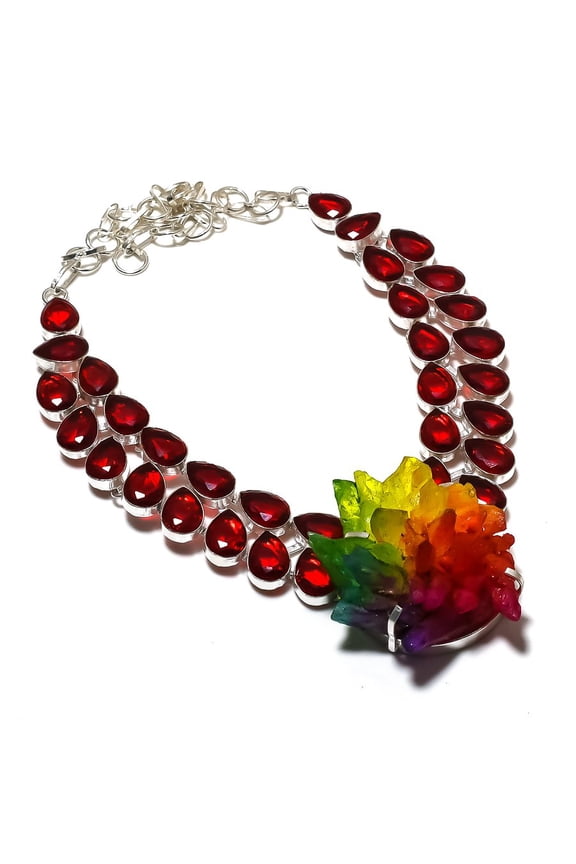 Natural Crystal Druzy, Garnet 925 Sterling Silver Jewelry Necklace 18"
