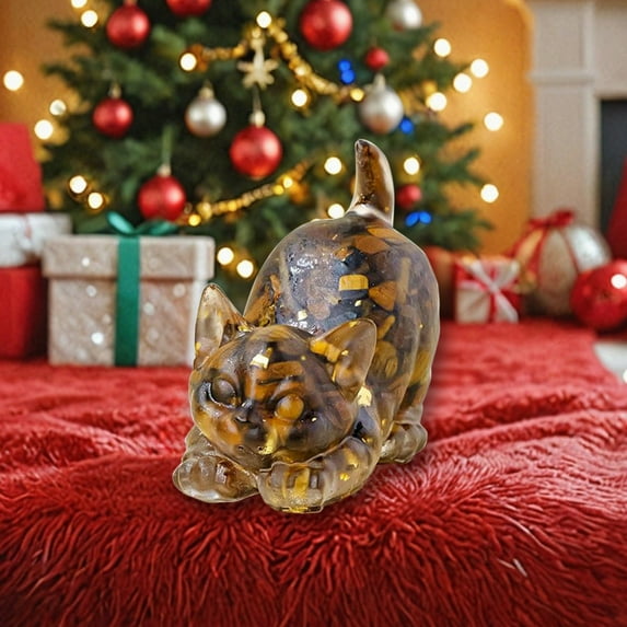 Natural Crystal Gravel Resin Cat Figurine - Handmade Luck Charm for Christmas Gifts, Home Office Desk Decor (Multicolor, 2.36in)
