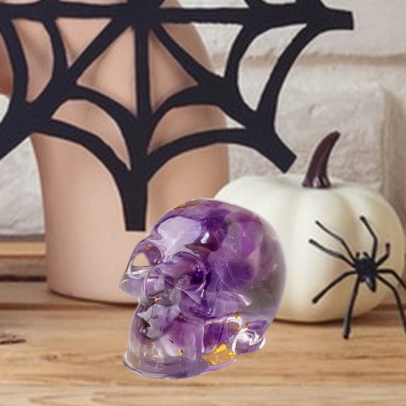 Natural Crystal Gravel Resin Skull Figurine Handmade Drip Resin Skeleton Statue with Gemstone Chips Inlay Spooky Halloween Ghost Head Decor for Shelf Display Crystal Lovers Gift