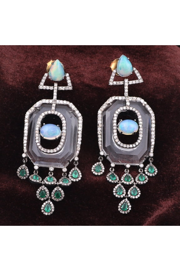Natural Crystal Quartz Emerald,Opal,Diamond Gemstone 925 Sterling Silver Earrings