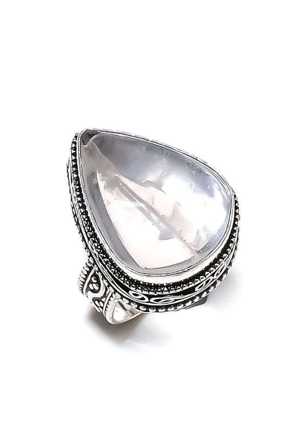 Natural Crystal Quartz Gemstone Handmade 925 Sterling Silver Ring Size 7