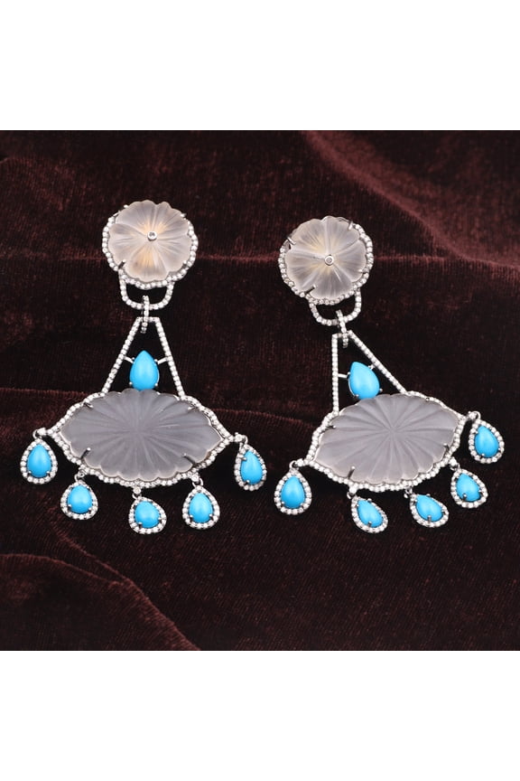 Natural Crystal Quartz Turquoise,Diamond Gemstone 925 Sterling Silver Earrings