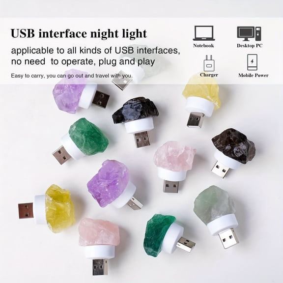 Natural Crystal Raw Stone USB Night Light - Modern Geometric Upward Ambient Lighting, USB-Powered No Batteries Needed, Colorful Crystal Options for Bedroom Decor, Christmas Valentine's Mother's Day