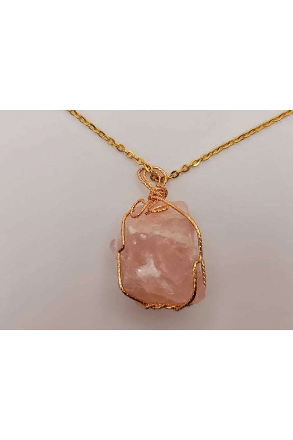 Natural Crystal Raw Wire Wrapped Gold Necklace Rose Quartz, Love stone