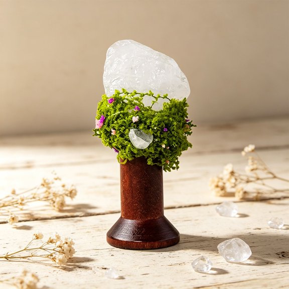 Natural Crystal and Rough Stone Ornaments Paired with Solid Wooden Bases, Forest-Style Magic Stone Desktop Decorations, Delicate Craft Pieces for Home/Office Display/Holiday Gift Giving, White