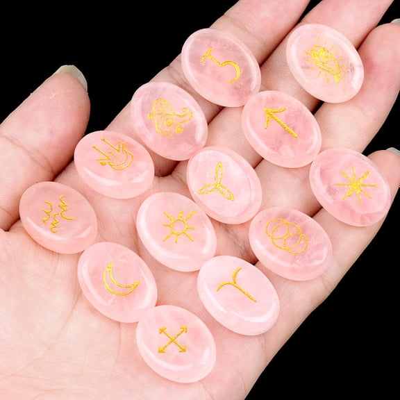Natural Crystal Rune Stones Set, Engraved Witch Rune Kit with Gold Symbols, Rose Quartz Amethyst Tiger Eye Aventurine Red Agate, Collectible Gift Stones