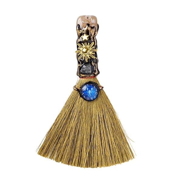 Natural Crystal Stone Twelve Constellation Handmade Broom, Hand Selected Natural Crystal Chips Each with Exclusive Zodiac Sign Carving, Solid Wood Handle Sturdy Not Easily Bent,