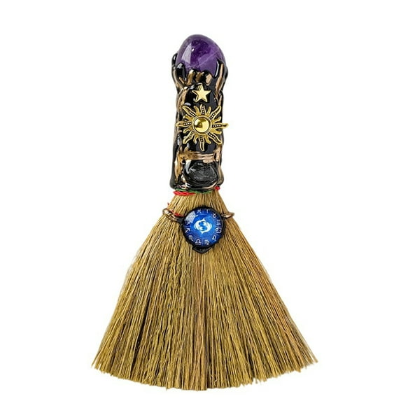 Natural Crystal Stone Twelve Constellation Handmade,Witch Broom Halloween Crystal Witch Wiccan Altar Broom,Ritual Magic Ceremonial Decor